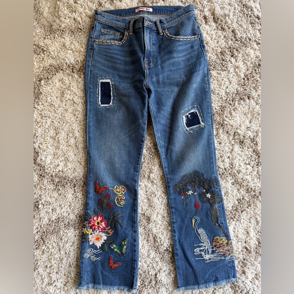 Johnny Was 26 Heron Cropped Baby Boot Embroidered Blue Jeans